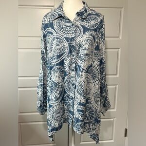 Zac & Rache Boho Tunic Top Button Down Long Sleeve Blue White Patterned Shirt LG